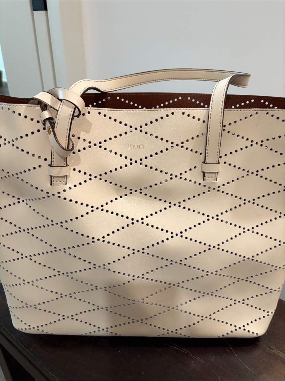 DKNY Cream Perforated Diamond-Pattern Leather Tote